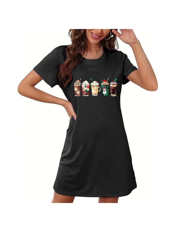Christmas Sleep Shirts for Women Short Sleeve Xmas Nightgowns Crew Neck Comzy Sleepshirts Casual Nightwear Loose Mini Shirt Dress