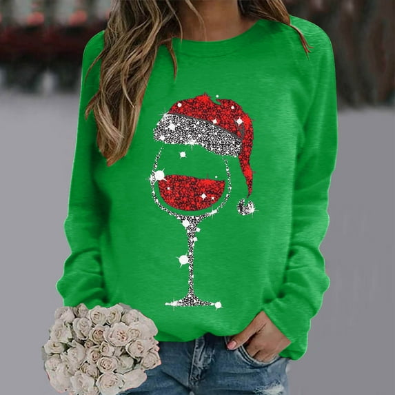 Frostluinai Christmas Sweatshirts for Women Funny Red Wine Glass Graphic Pullover Xmas Crewneck Long Sleeve Sweat Shirts Womens Gifts for Christmas