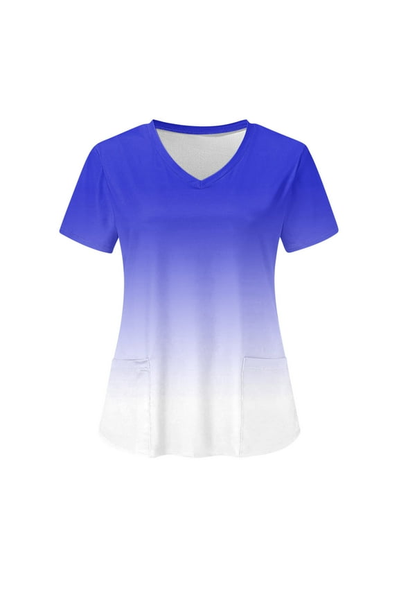 Clearance 2023! Women's Plus Size Working Uniform Nursing Uniform With Two Pockets Scrubs Top Gradient Patchwork Color Short Sleeve V-neck Tee