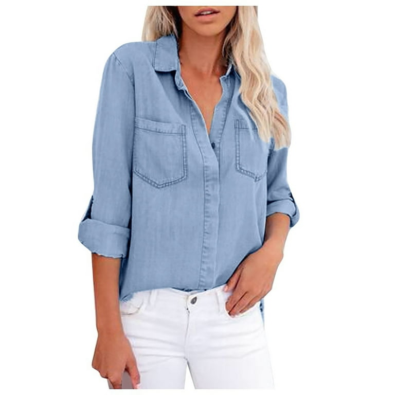 Frostluinai Clearance Items！Fall Clothes For Women 2022 Trendy Business  Casual Plus Size Tops For WomenWomen Casual Denim V -Neck Pocket Back Split  Long Sleeved Shirt Top 