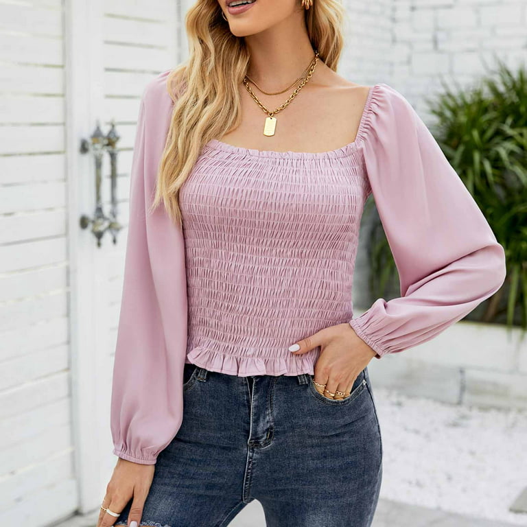 Frostluinai Clearance Items！Fall Clothes For Women 2022 Trendy Business  Casual Plus Size Tops For WomenWomen Fashion Casual Square Collar Solid  Color Long Sleeve Loose T-Shirt Blouse Tops 