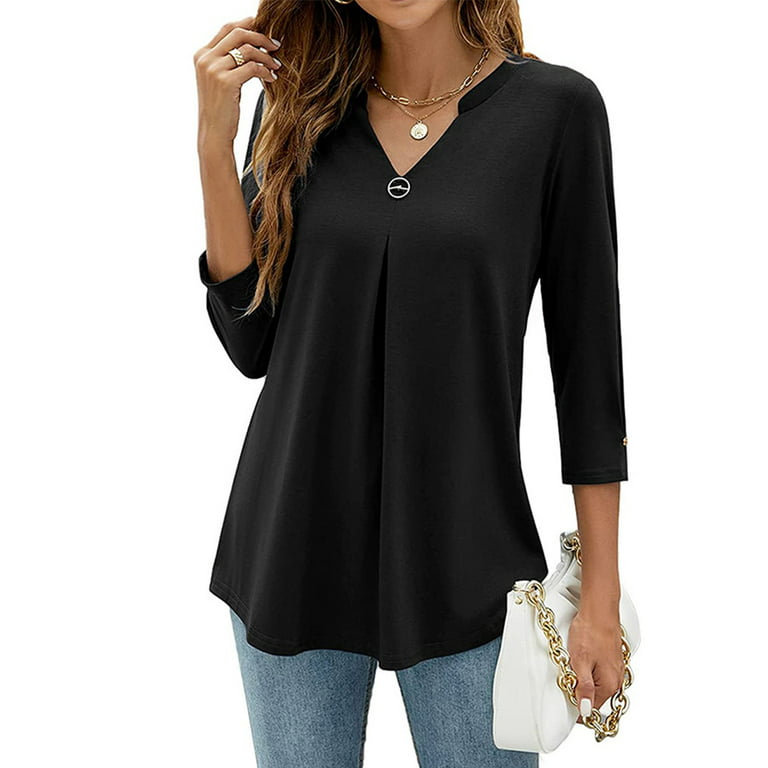Frostluinai Clearance Items！Fall Clothes For Women 2022 Trendy Business  Casual Plus Size Tops For WomenWomens Casual V-Neck 3/4 Sleeve Solid Waist  T-Shirt Blouse Tops 