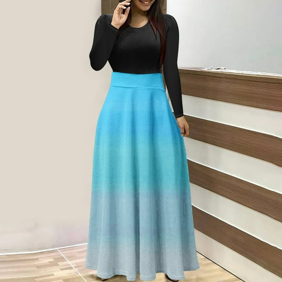 Frostluinai Cocktail Dresses for Women Long Sleeve Round Neck Maxi Long Dress Casual Gradient Swing A Line Dress 1950s Slim Fit Dresses