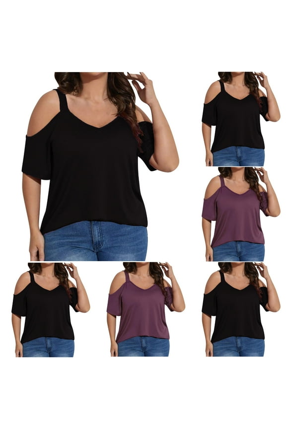 Cold Shoulder Tops for Women Plus Size V Neck Short Sleeve Tunics Casual Dressy Shirts Solid Color Loose Fit Tshirts Summer Tees