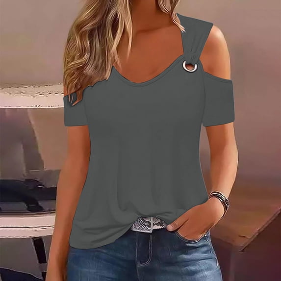 Frostluinai Cold Shoulder Tops for Women Scoop Neck Short Sleeve Blouses O Ring Strap Tunic Shirts Solid Color Casual Dressy Tshirts Gifts