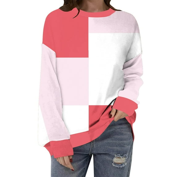 Frostluinai Color Block Tops for Women Long Sleeve Drop Shoulder T Shirts Round Neck Oversized Shirts Loose Fit Y2K Sweatshirts for Teen Girls