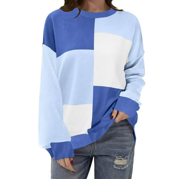 Frostluinai Color Block Tops for Women Long Sleeve Drop Shoulder T Shirts Round Neck Oversized Shirts Loose Fit Y2K Sweatshirts for Teen Girls