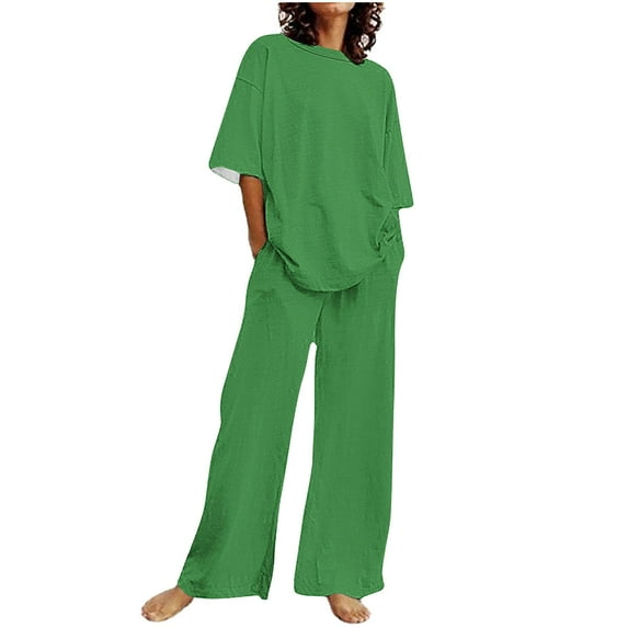 Frostluinai Comfort Sweatsuits for Women Oversized Short Sleeve Tops Baggy Wide Leg Pants Basic Solid Tracksuits Plus Size Lounge Sets with Pocket