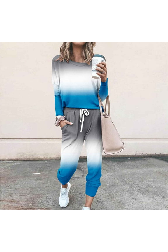 Comfy Sets for Women Clothing Trendy Gradient Tracksuits 2 Piece Long Sleeve Shirts Drawstring Waist Joggers Plus Size Lounge Sets