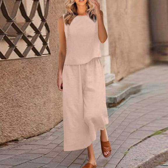 Frostluinai Comfy Sets for Women Two Piece Sleeveless Crop Tank Tops Elastic Waist Palazzo Pants Solid Color Lounge Sets Plus Size Linen Sets