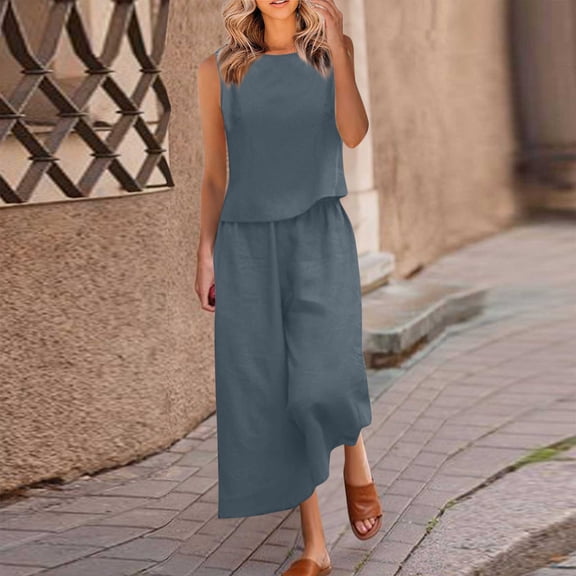 Frostluinai Comfy Sets for Women Two Piece Sleeveless Crop Tank Tops Elastic Waist Palazzo Pants Solid Color Lounge Sets Plus Size Linen Sets