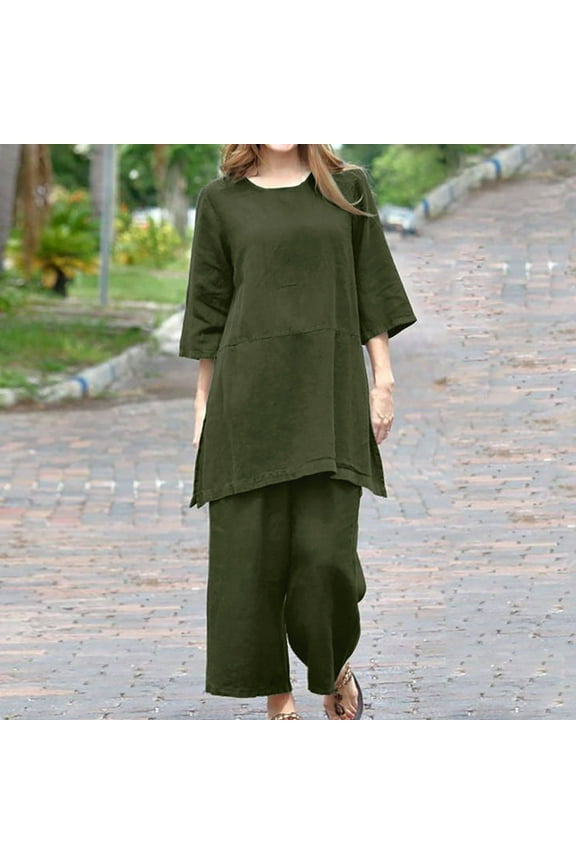 Comzy Sets for Women Cotton Linen Outfit 2 Piece 3/4 Sleeve Shirts Baggy Palazzo Pants Plus Size Lounge Sets Solid Tracksuits
