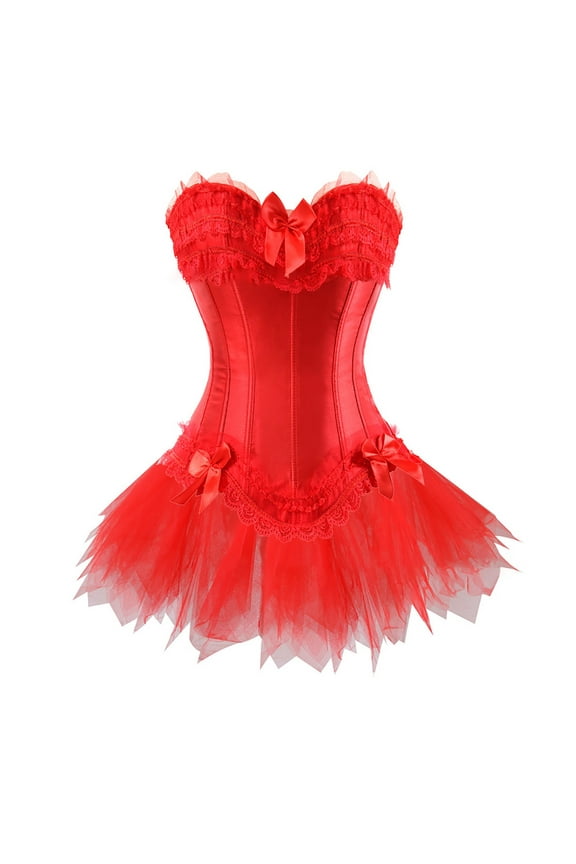 Corset Dress for Women Ruffle Bow Strapless Dresses Lace Patchwork Mini Dresses Vintage Steampunk Dance Party Gown Dresses