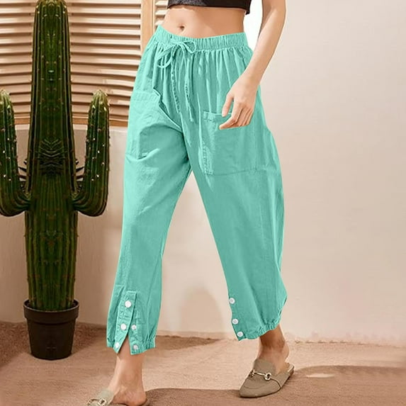 Frostluinai Cotton Linen Capri Pants for Women High Elastic Waisted Drawstring Cropped Pants Solid Color Button Harem Pants with Pockets