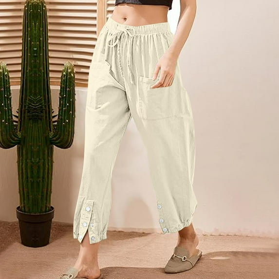 Frostluinai Cotton Linen Capri Pants for Women High Elastic Waisted Drawstring Cropped Pants Solid Color Button Harem Pants with Pockets