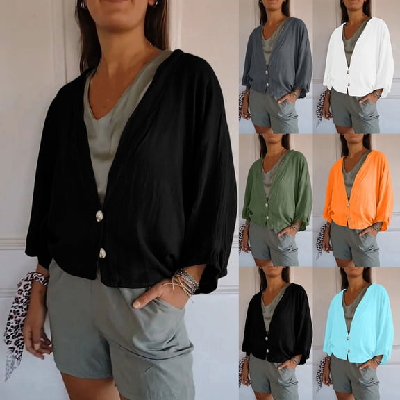 Frostluinai Cotton Linen Cardigans for Women Button V Neck Oversized Cropped Cardigans Long Sleeve Drop Shoulder Solid Jacket Coats