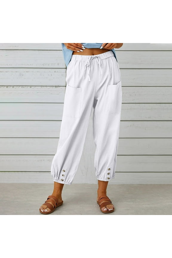Cotton Linen Cropped Pants Women High Waist Drawstring Harem Pants Loose Fit Wide Leg Pants Solid Color Button Pants with Pocket