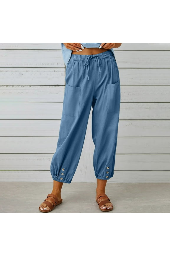 Cotton Linen Cropped Pants Women High Waist Drawstring Harem Pants Loose Fit Wide Leg Pants Solid Color Button Pants with Pocket