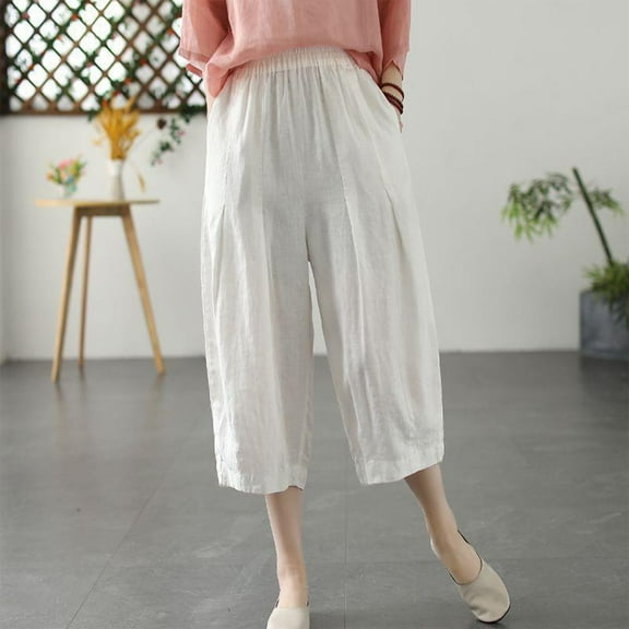 Frostluinai Cotton Linen Harem Pants Womens Elastic Waist Cropped Pants Casual Loose Wide Leg Pants Basic Solid Color Pants with Pockets
