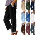 thumbnail image 1 of Frostluinai Cotton Linen Pants for Women Elastic Waist Lace Straight Leg Pants Solid Casual Baggy Wide Leg Pants Beach Vacation Pants with Pockets, 1 of 6