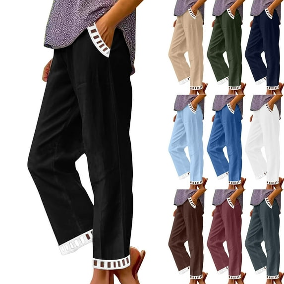 Frostluinai Cotton Linen Pants for Women Elastic Waist Lace Straight Leg Pants Solid Casual Baggy Wide Leg Pants Beach Vacation Pants with Pockets