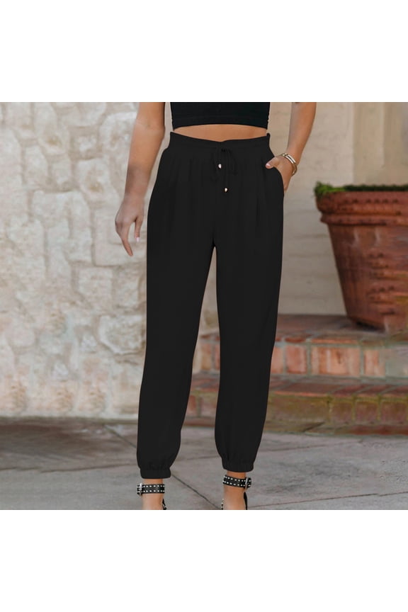Cotton Linen Pants for Women High Waist Drawstring Lounge Pants Basic Solid Color Cinch Bottom Pants Comzy Work Pants with Pocket