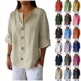 thumbnail image 1 of Frostluinai Cotton Linen Shirts for Women 3/4 Rolled Sleeve Henley Shirts Button V Neck Solid Tshirts Casual Loose Summer Blouses, 1 of 6