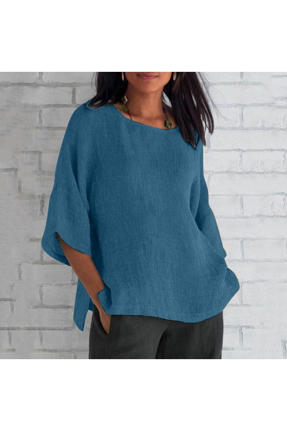 Cotton Linen Shirts for Women 3/4 Sleeve Crew Neck Vintage Tops Basic Solid T Shirts Plus Size Split Hem Blouses Gifts for Women
