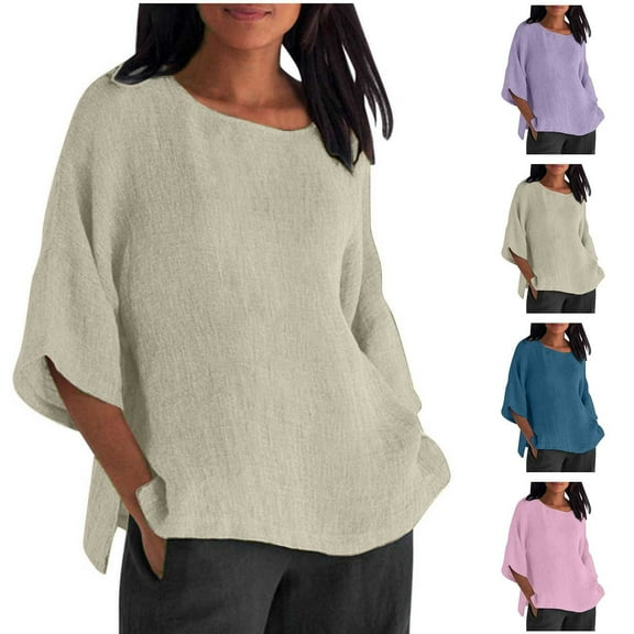 Frostluinai Cotton Linen Shirts for Women 3/4 Sleeve Crew Neck Vintage Tops Basic Solid T Shirts Plus Size Split Hem Blouses Gifts for Women