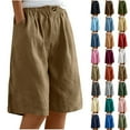 thumbnail image 1 of Frostluinai Cotton Linen Shorts for Women with Pocket Elastic Waist Baggy Wide Leg Shorts Solid Casual Bermuda Shorts for Vacation, 1 of 6