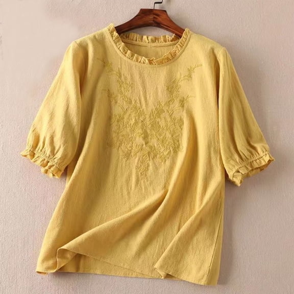 Frostluinai Cotton Linen Tops for Women Short Sleeve Ruffle Shirts Crew Neck Embroidery T Shirts Vintage Blouses Plus Size Baggy Tees