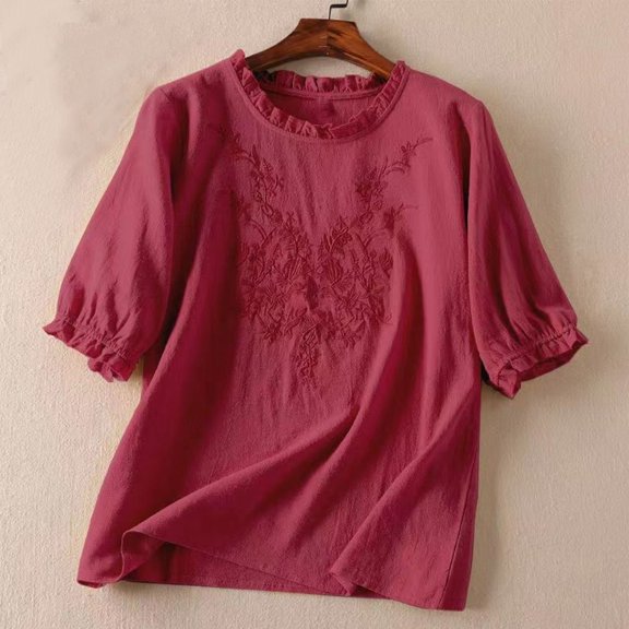 Frostluinai Cotton Linen Tops for Women Short Sleeve Ruffle Shirts Crew Neck Embroidery T Shirts Vintage Blouses Plus Size Baggy Tees