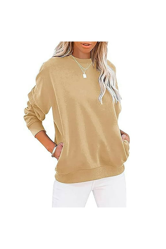 Crew Neck Sweatshirt for Women Long Sleeve Soft Pullover Solid Color Casual Sweat Shirts Loose Fit Sweatshirts with Pocket