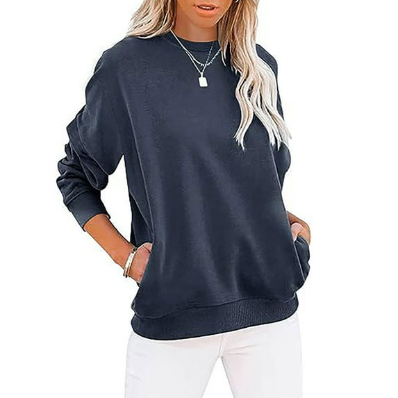 Frostluinai Crew Neck Sweatshirt for Women Long Sleeve Soft Pullover Solid Color Casual Sweat Shirts Loose Fit Sweatshirts with Pocket
