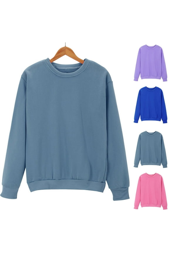 Crew Neck Sweatshirts Women Long Sleeve Fleece Lined Pullover Solid Fall Sweat Shirts Loose Fit Sweatshirts for Ladies