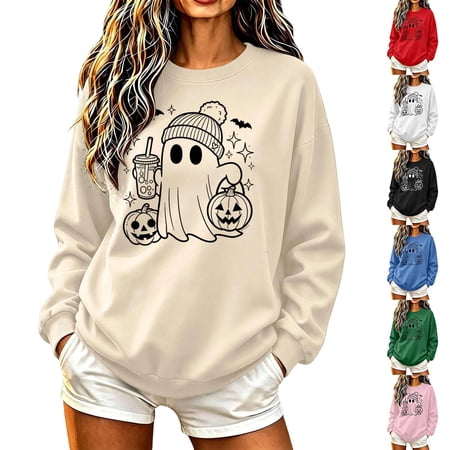 Frostluinai Crew Neck Sweatshirts for Women Halloween Ghosts Pumpkin Graphic Casual Pullover Long Sleeve Lightweight Spooky Season Sweatshirt