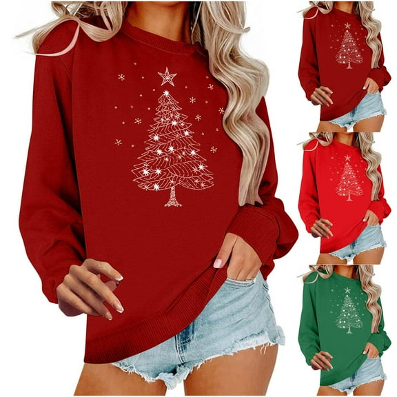 Frostluinai Crew Neck Sweatshirts for Women Marry Christmas Pullover Long Sleeve Xmas Tree Graphic Sweat Shirts Christmas Womens Gift Sets
