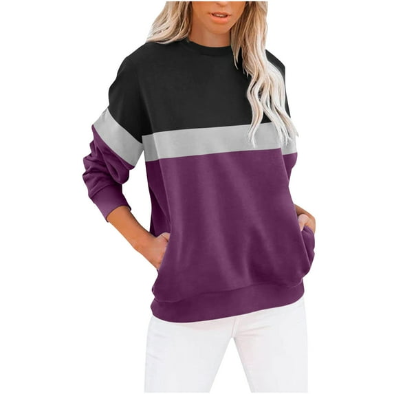 Frostluinai Crew Neck Sweatshirts for Women Trendy Color Block Pullover Tops Long Sleeve Casual Sweat Shirts Womens Sweatshirts with Pocket