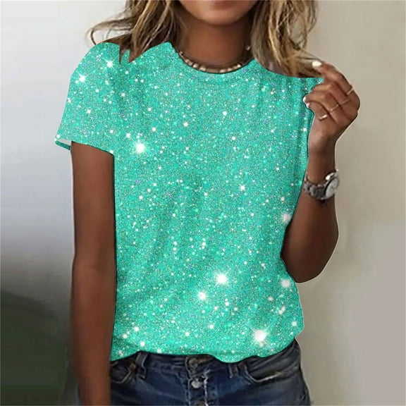 Frostluinai Crew Neck Tops for Women Sparkly Short Sleeve Shirts Glitter Print T Shirts Casual Party Shirts Loose Fit Plus Size Tees