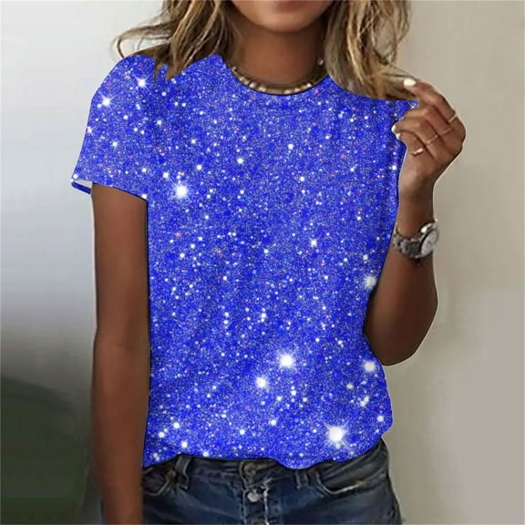 Frostluinai Crew Neck Tops for Women Sparkly Short Sleeve Shirts Glitter Print T Shirts Casual Party Shirts Loose Fit Plus Size Tees