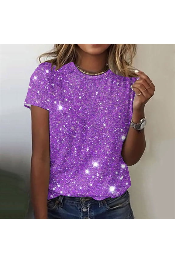 Crew Neck Tops for Women Sparkly Short Sleeve Shirts Glitter Print T Shirts Casual Party Shirts Loose Fit Plus Size Tees