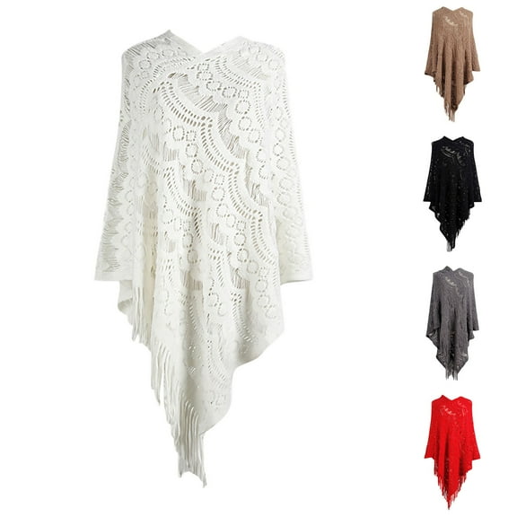Frostluinai Crochet Cardigan Shrug Womens Lace Embroidery Fringe Shawl Solid Wrap Poncho Capes Irregular Hem Tassel Cardigans