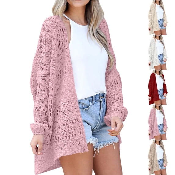 Frostluinai Crochet Cardigan for Women Oversized Long Sleeve Drop Shoulder Knit Sweaters Open Front Solid Cover Up Loose Fit Beach Cardigans