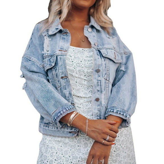 Frostluinai Cropped Denim Jacket for Women Long Sleeve Vintage Ripped Jean Jacket Lapel Button Down Denim Coats Fall Jean Coat with Pocket