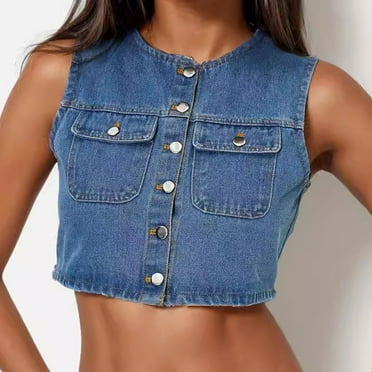 Frostluinai Cropped Denim Vests for Women Sleeveless Button Down Waistcoat Vests Round Neck Y2k Jean Tanks Lightweight Denim Vests with Pocket