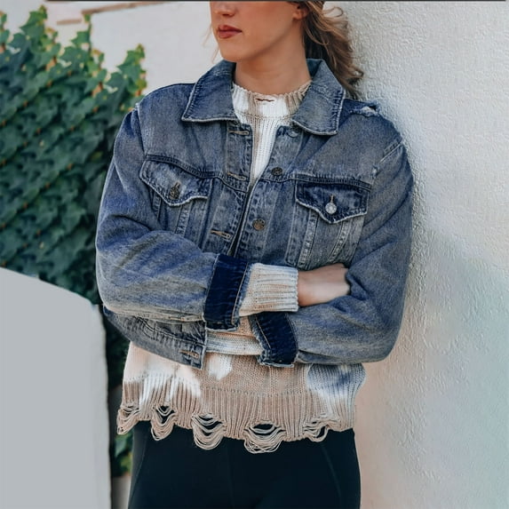 Frostluinai Cropped Jean Jacket for Women Long Sleeve Lapel Vintage Denim Jacket Button Down Fall Denim Coats Comzy Trucker Coat with Pocket