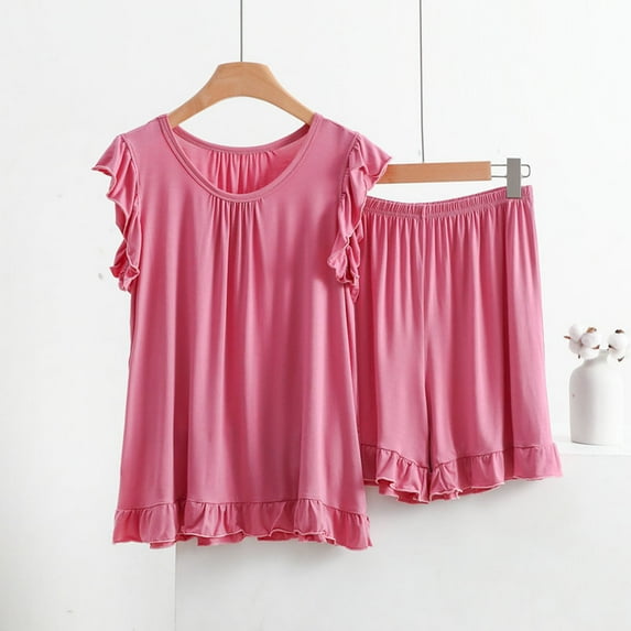 Frostluinai Cute Pajama Sets for Women Ruffle Sleepwear 2 Piece Crewneck Pleated Shirts Loose Wide Leg Shorts Plus Size Solid Loungewear Sers