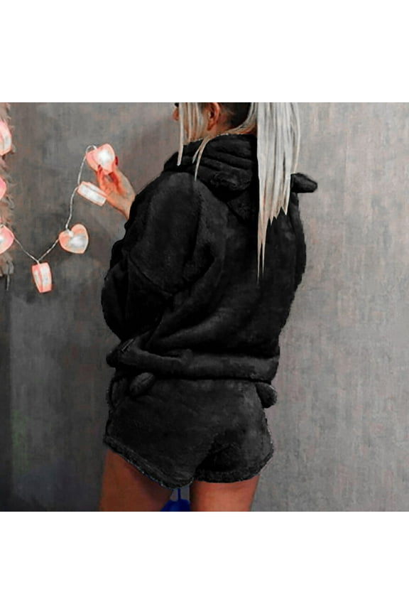 Cute Pajama Sets for Women Sherpa Loungewear 2 Piece Long Sleeve Fuzzy Hoodies Fleece Shorts Solid Warm Lounge Wear Sets