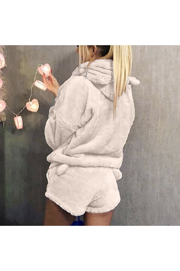 Cute Pajama Sets for Women Sherpa Loungewear 2 Piece Long Sleeve Fuzzy Hoodies Fleece Shorts Solid Warm Lounge Wear Sets