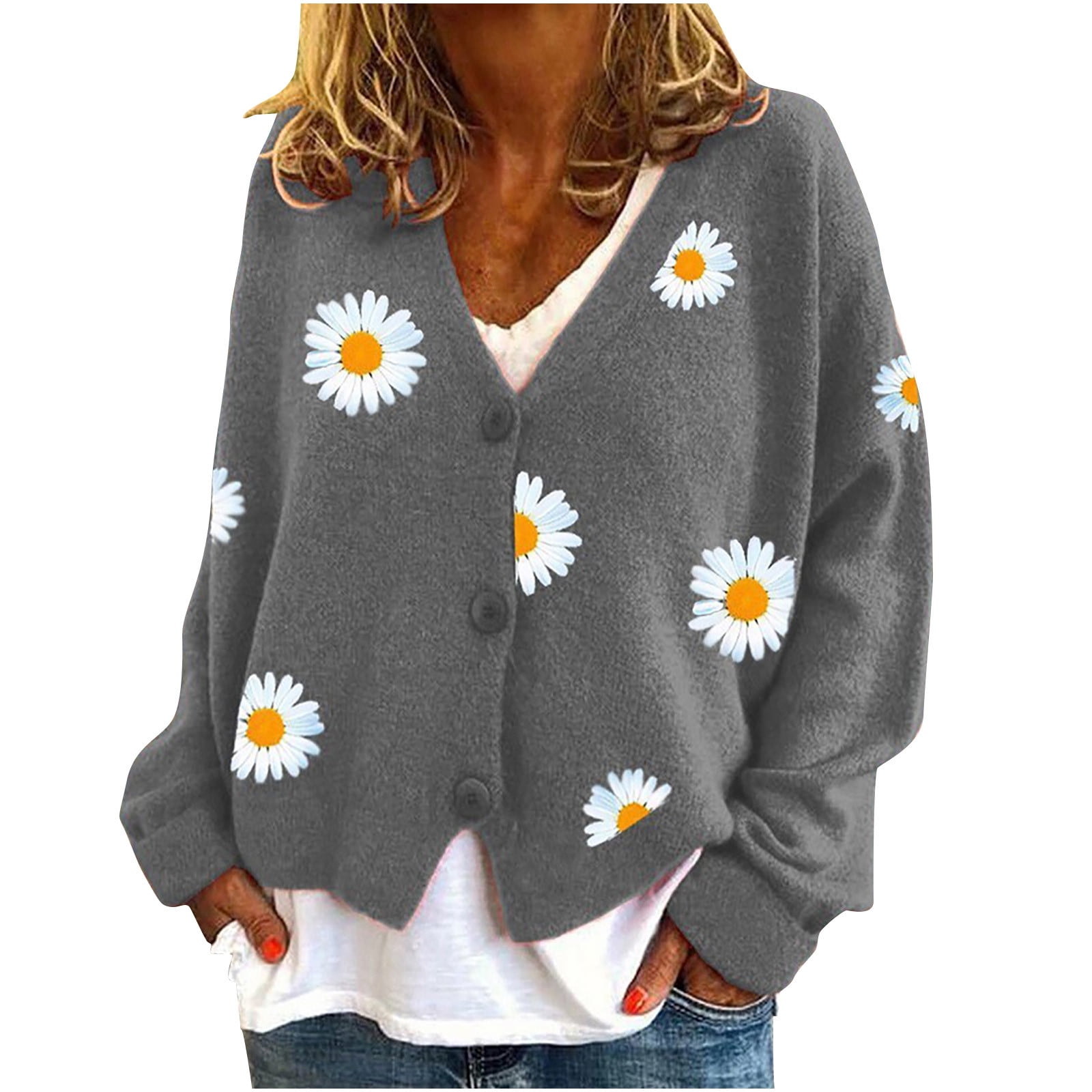 Frostluinai Cute Sweaters For Women Y2K Floral Print Knit Cardigan Sweaters  Long Sleeve V Neck Button Down Aesthetic Sweater Vintage Aesthetic 90S  Outerwear Tops 